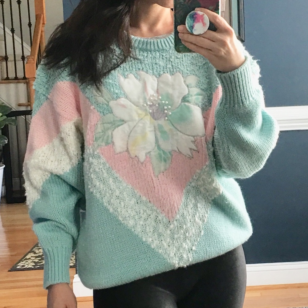 Vintage kawaii chunky sweater mint knit appliqué - Picture 2 of 8